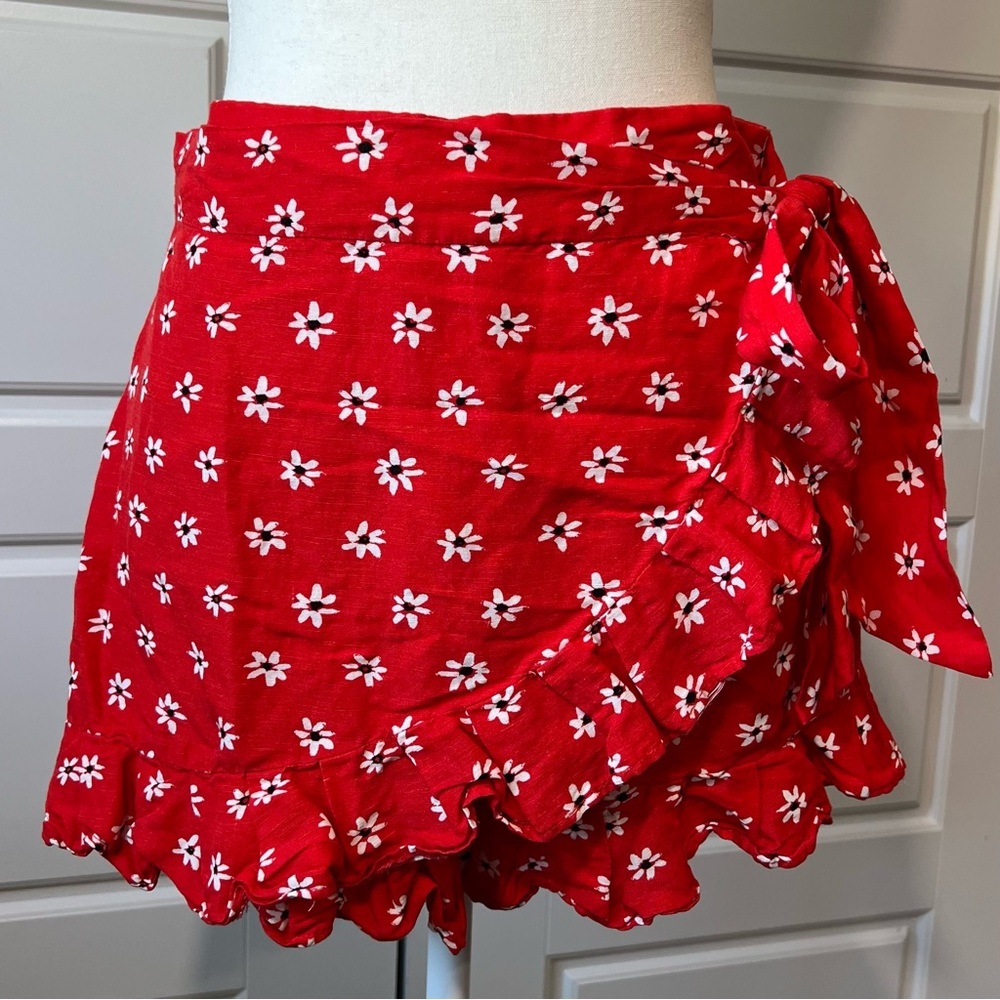 Zara Floral Mini Skirt Skort Red Ruffle Hem Tie Waist Summer Beach Cute Medium